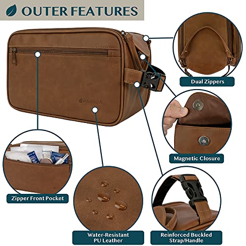 PAVILIA Toiletry Bag for Men, Travel Essentials Shaving Dopp Kit, Mens Travel Bag Toiletries Organizer Case for Grooming, PU Leather Water Resistant Cosmetic Bag Pouch (XL, Brown) - color: Brown, size: Extra Large (12x6x7)