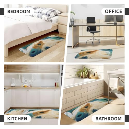 Peacock Blue Feather Pattern Kitchen Rugs Mats Set of 2 Pcs Non-Slip Floor Mats Washable Runner Rugs Set for Bathroom Laundry Hallway Kichen Comfort Standing Mat - color: Peacock Blue Feather Pattern
