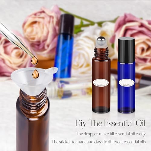 10ml Roller Bottles for Essential Oils, 4 Pack Glass Roll on Bottles, Refillable Perfume Bottle, with Stainless Steel Roller Balls, 2 Droppers, 1 Opener, Labels (Amber+Blue) - color: Blue