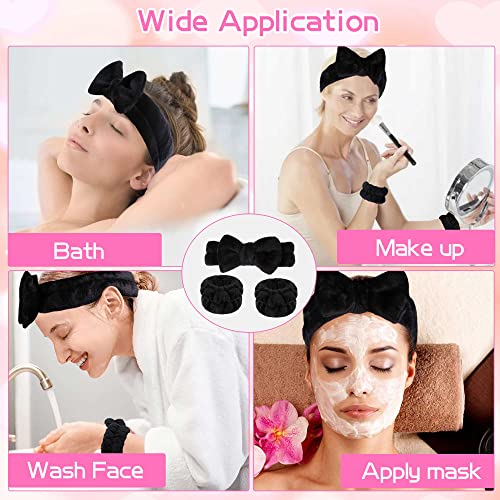 WSYUB Makeup Headbands, 1pcs Black Spa Headband Fluffy Bow Tie Headband Microfiber Face, and 2Pcs Wrist Spa Wash Band Absorbent Wristbands, for Washing Face Skin Care - color: Black
