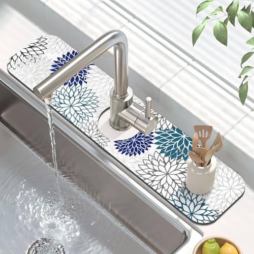 Findosom 2PCS 12" x 20" Dish Drying Mat & 24" x 5.5" Sink Splash Guard, Super Absorbent & Cuttable Dish Mat Drying Kitchen Mat with Blue Floral, Hide Stain Drying Mat for Kitchen Counter - color: Blue, size: 12" X 20" + 24" X 5.5"