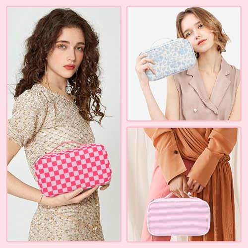 Relavel Makeup Bag, Cute Travel Cosmetic Bag, Small Pink Make Up Bags, Portable Toiletry Storage for Women Girl, Waterproof Makeup Organizer for Gym, Camping, Trip, Daily Use - Rose Red - color: 01A-Hot Pink CheckBoard, size: MEDIUM
