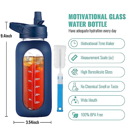 CIVAGO 32 oz Glass Water Bottle with Straw and Handle, Large Sports Motivational Water Bottle Flask with Time Marker and 2 Lids, Leakproof Water Jug Canteen with Silicone Sleeve for Gym,Navy - color: .Navy, size: 32 Ounces
