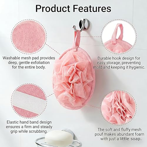 4 Pack Shower Loofah for Women, Washable Travel Loofah Set, Mesh Body Scrub Bath Pouf Sponge Pad
