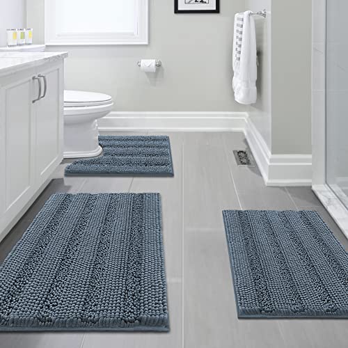 H.VERSAILTEX 3 Piece Bathroom Rugs Sets Thick Striped Bath Rugs Set for Bathroom Non Slip Soft Absorbent Bath Mat Set for Tub, Shower and Toilet(17''x24''+20''x32''+20''x24'' U-Shaped, Stone Blue) - color: Stone Blue