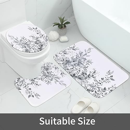 MitoVilla 4 Pcs Grey Eucalyptus Bathroom Sets with Shower Curtain and Rugs, Rustic Floral Shower Curtain Sets for Chic Bathroom Decor, Bathroom Decor Curtain Sets with Mats and Accessories - color: Grey