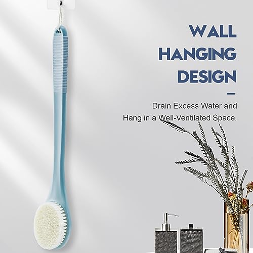 Back Scrubber for Shower, Shower Body Brush for Cleaning with Long Handle for Showering, 17 Inch Back Washer Exfoliator for Shower Men Women with Non-Slip Handle, Adhesive Hook (Blue) - size: Blue - Artificial Bristles