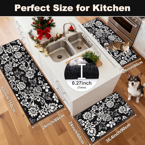 LOKHOM Boho Kitchen Rugs Sets of 3, Non Slip High-Low Textured Kitchen Mats for Floor with Rubber Backing, Paisley Floral Washable Carpet Runner for Hallways Entryway Laundry Sink (Black & White) - color: Black, size: 24"x35"+24"x48"+24"x60"