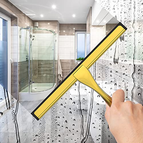 All-Purpose Stainless Steel Shower Squeegee for Shower Doors with 2 Adhesive Hooks, Bathroom Cleaner Tool Household Window Mirror Squeegee for Home Cleaning, Glass Door, Tile Wall, Car, 12 Inch Golden - color: Golden, size: 12 Inch