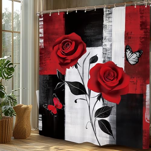 Miyotaa Abstract Black Red Rose Shower Curtain Set 60Wx71H Inches Modern Brushstroke Minimalist Painting Art Waterproof Bathroom Curtain with 12 Hooks - color: Black Red Rose, size: 60"W x 71"L (Pack of 1)