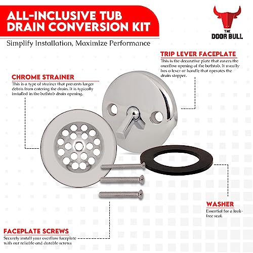 Trip Lever Bathtub Drain Kit with Strainer – 2-Hole Overflow Faceplate, Matching Screws – Tub Drain Trim Replacement Set for Bathroom Bathtubs - color: Chrome