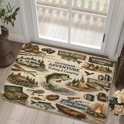 Fishing Bath Rug, Rustic Cabin Fish Retro Hunting Camping Lodge Non Slip Floor Soft Velvet Mat Carpets for Bedroom Kitchen Bathtub Bathroom Toilet 17x29 Inch - color: Tan
