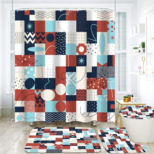 LQCOOL Geometric Patchwork Shower Curtain Set Bathroom Sets Modern Shower Curtain Set for Bathroom Sets with Rugs and 12 Hooks - color: Colorful Geometry