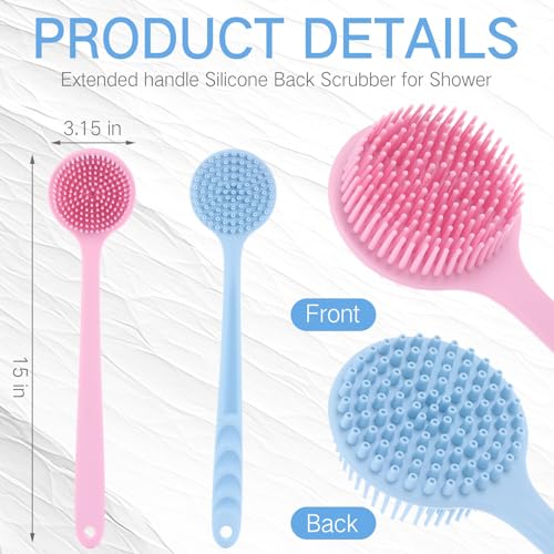 Sunnyray 2 Pack Silicone Back Scrubber for Shower with 15" Long Handle Double-Sided Bath Body Brush for Exfoliating Easy to Clean Quick Dry Deep Cleaning Lathers Well(Pink,Nordic Blue) - color: Pink,nordic Blue