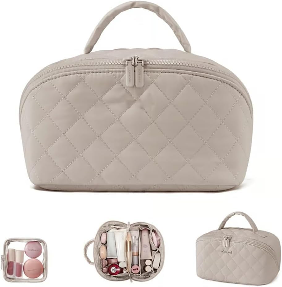 Makeup Bag for Women, Wide Open Lay-Flat Water-Resistant Cosmetic Case, Festivalment Makeup Bag, Spacious 180° Open Cosmetic Organizer for Toiletries & Brushes Large Capacity with Compartments (Beige) - color: Beige