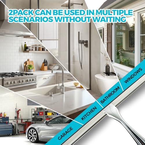 ALFLOD 2pcs Shower Squeegee for Glass Doors with Adhesive Hanging Hook Set | 9.9” silver, bathroom accessories, window cleaner, new home essentials, soft rubber blade, metal handle, ergonomic grip - color: Silver, size: 9.9 Inch