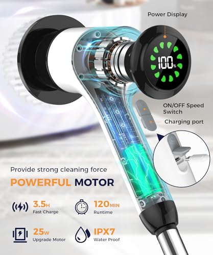 Cordless Electric Spin Scrubber, 6 Brush Heads, Long Handle | Power scrubber, adjustable long handle, IPX7 rated body, lightweight grip, bathroom, kitchen, tile, grout, tub, shower, floor - size: 6heads
