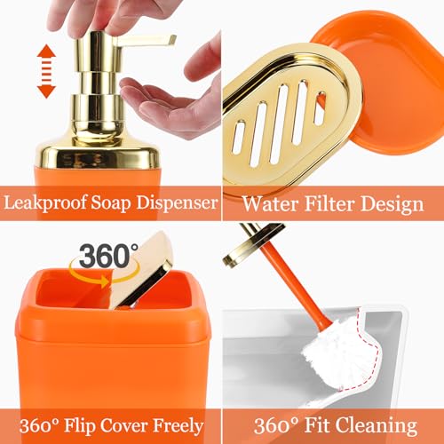 XLHOMO Bathroom Set - Orange Bathroom Accessories Set, Bathroom Sets with Shower Curtain and Rugs, Orange Shower Curtain Set with Bathroom Trash Can, Soap Dispenser, Soap Dish for Home Decor - color: Plaid Orange & Gold, size: Complete Set + Bath Rugs