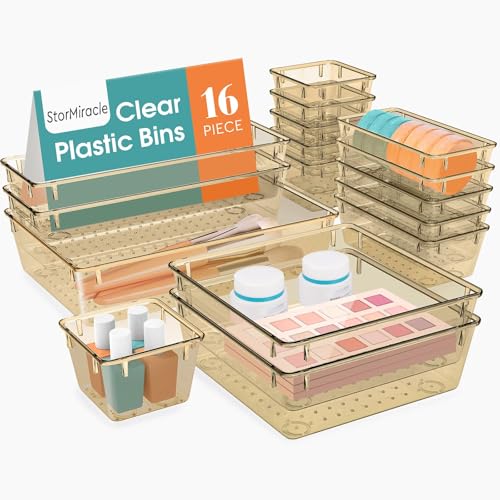 StorMiracle 16 PCS Drawer Organizer Set, 5 Varied Size Bathroom and kitchen Drawer cabinet organizer Trays, Clear Storage Bins for Makeup, Jewelry, Utensils and Gadgets, Champagne - color: Champagne, size: 16 PCS