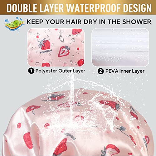 Shower Cap, Adjustable Shower Caps for Women, Extra Large Upgrade Double Waterproof Layers Hair Cap, Bath Caps Shower Hat Women Girls Adult Hair Protection Suitable for All Lengths and Thickness - color: Pink Strawberry, size: X-Large
