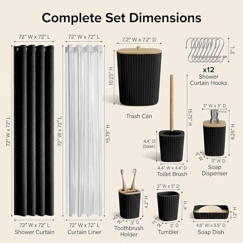 Bathroom Accessory Set 7 Pcs, Plastic Bathroom Set with Bamboo Cover Include Soap Dish, Toothbrush Holder, Mousewash Cup, Shower Curtain Set, Soap Dispenser, Trash Can & Toilet Brush - color: Black, size: 7pack