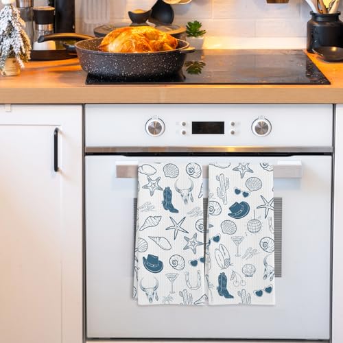 Coastal Cowgirl Kitchen Towels Set of 2, Blue Western Cowboy Boots Seashell Dish Tea Towels for Kitchen, Preppy Beach Summer Hand Towel for Bathroom, Coastal Western Gifts, 16x24 Inch - color: Coastal Cowgirl
