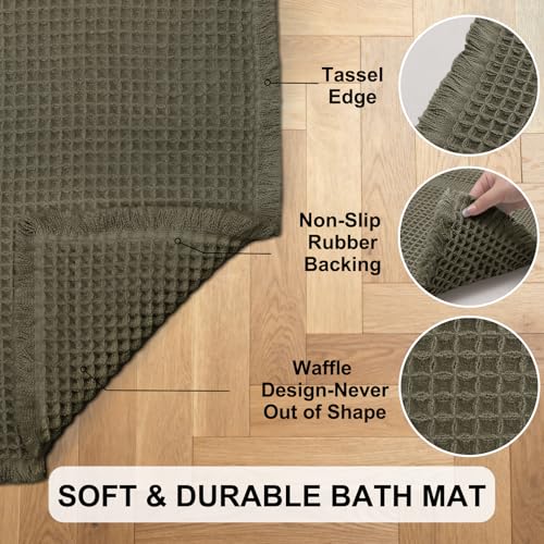 Hiasan Set of 2 Waffle Bath Mat, Super Absorbent Non Slip Bathroom Boho Rug with Tassels, Machine Washable Bath Mats for Bathroom, Ultra Soft Rubber Backed Rug, Grayish Green, 16" x 24" + 24" x 60" - color: Grayish Green, size: 16" x 24" + 24" x 60"