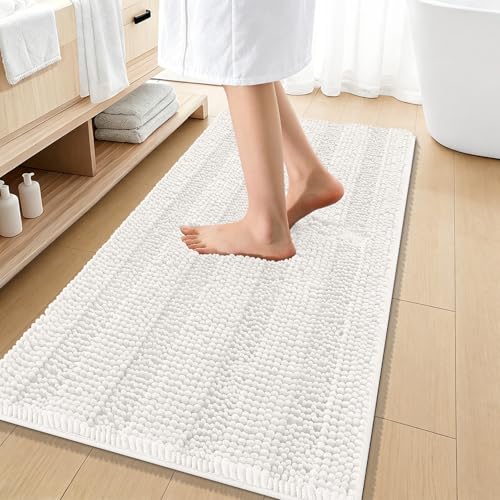 OLANLY Thick Bathroom Runner Rugs 47x20, Extra Absorbent Chenille Striped Bath Rugs, Rubber Backing, Machine Wash Dry, Long Bath Mats for Bathroom Floor, Tub and Shower, Home Decor Accessories, Ivory - color: Ivory, size: 47" X 20"