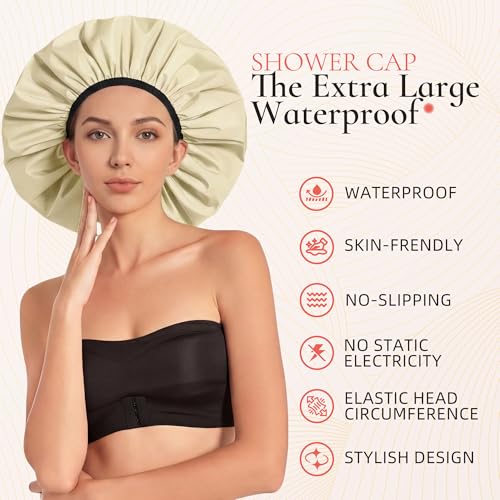 Extra Large Shower Cap for Women, Reusable Waterproof Shower Bonnet with Satin Lining, Double Layer Washable Bath Hair Cap for Braids, Locs, Long Thick Curly Hair, Natural Hair(Big Champagne) - color: Champagne