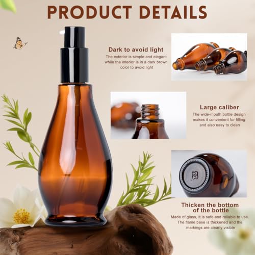 UPSTORE 2Pcs 100ml/3.4oz Amber Glass Lotion Pump Bottles Travel Size Pump Dispenser Cosmetics Containers Bottle Jar with Black Pump for Essential Oil Foundation Cream Shampoo