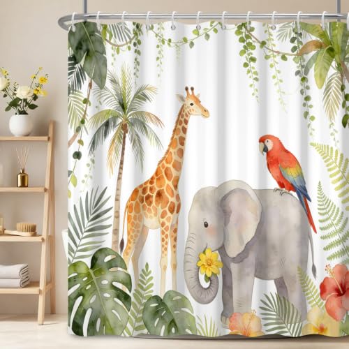 Fabric Shower Curtain with Hooks YJY01569 - color: Tropical Jungle Animals