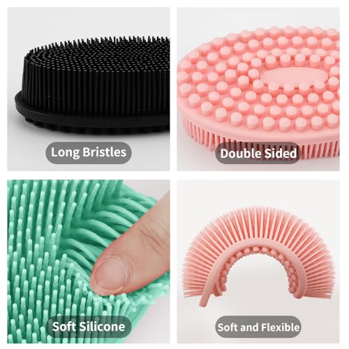 3 Pack Silicone Body Scrubber, Silicone Loofah Exfoliating Soft Body Scrubber, Silicones Body Brush Bath Shower Scrubber for Body, 2 in 1 Bath and Shampoo Wash Brush for Skin Exfoliation Men Women - size: With Handle Black+Pink+Green