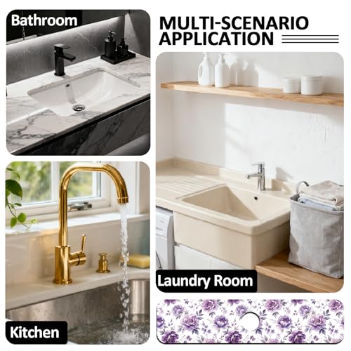2 Pcs Kitchen Sink Splash Guard Faucet Mat Purple Flowers Faucet Mat for Sinks Dreamlike Blooms Absorbing Drying Mats for Kitchen Bathroom, 23.6x5.5inch - color: Purple Flowers
