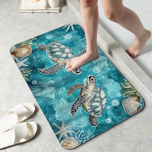 Ocean Turtle Bathroom Rug 29.5"x17", Super Absorbent Fast Drying Bath Mat with Non-Slip Rubber Backing, Thin Low-Profile Easy-Clean Bathroom Floor Mat for Shower or Tub - color: Ocean Turtle