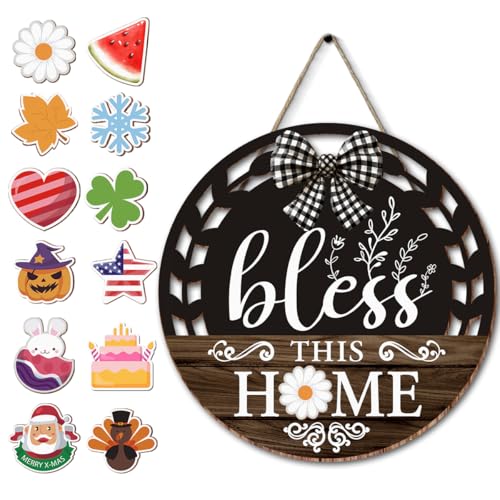 Interchangeable Seasonal Bless This Home Hanging Sign - Farmhouse Front Door Decoration for Spring All Seasons Holidays - Rustic Round Wood Wreaths with 12 Icons(Brown) - color: blessbrown2