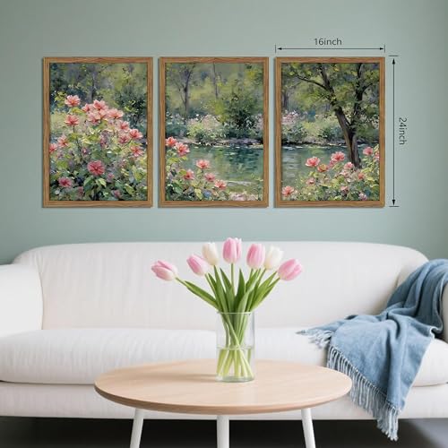 Framed Monet Wall Art Set of 3, Impressionist Botanical Floral Canvas Wall Decor, Vintage Cottagecore Artwork Paintings, Nature Landscape Flowers Prints Pictures for Living Room Bedroom 16x24 Inch - color: Green Flower Lake, size: 24"L x 16"W