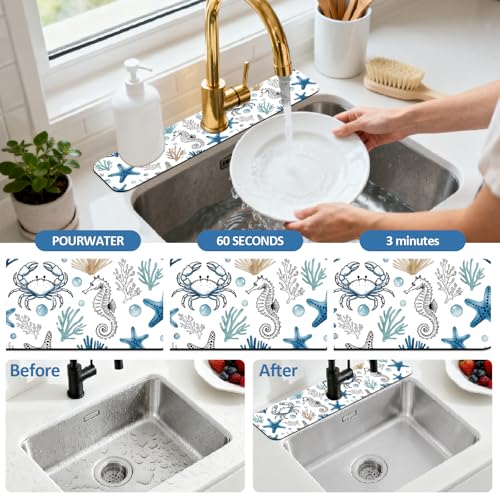 2 Pcs Summer Kitchen Sink Splash Guard Faucet Mat Marine Animals Faucet Mat for Sinks Absorbing Drying Mats for Kitchen Bathroom, 23.6x5.5inch - color: Marine Animals
