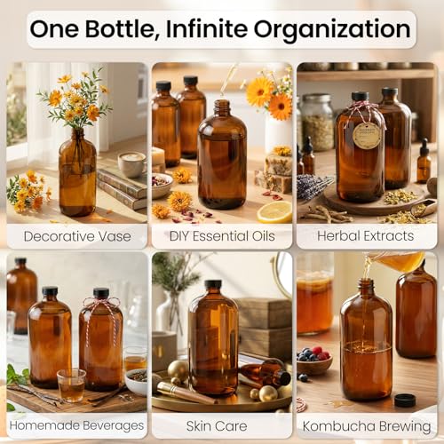 TBWIND 4 Pack 32oz Amber Glass Boston Round Bottles with Airtight Caps | Refillable Storage Bottles for Vanilla Extract, Kombucha, Cold Brew, Syrup & Oils with Droppers, Labels & Funnels - size: 32 oz