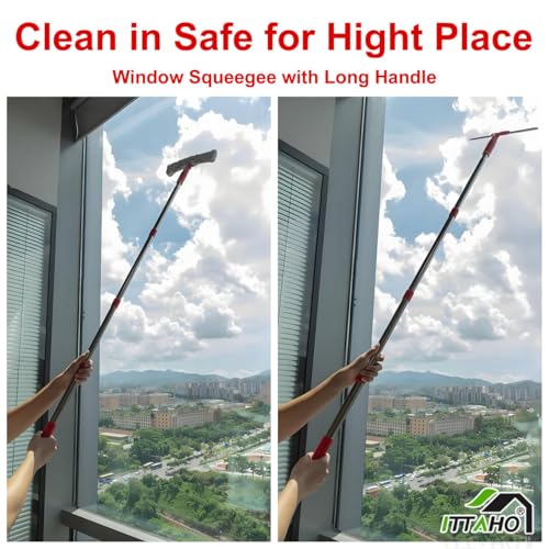 Squeegee for Window Cleaning, 12" Squeegee and 11" Microfiber Scrubber Combi with Stainless Steel Pole, Extendable Window Cleaner for Car, Sliding Door, Shower Glass Door-Swivel Style-2 Pads - color: Red, size: 12" Squeegee