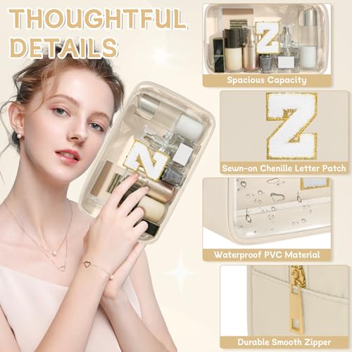 Initial Clear Makeup Bag, Birthday Gift Preppy Chenille Patch Cosmetic Bag, Initial Travel Essentials Beach Toiletry Pouch, Ideal Gift for Teachers & Moms, Women and Girls (Beige, Z) - color: Beige, style: Z