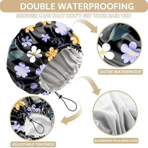 Shower Cap Adjustable Waterproof Double Layer Elastic Reusable Hair Bath Cap Cute Aesthetic for Women Girls-Purple Flower - color: R6-Purple Flower
