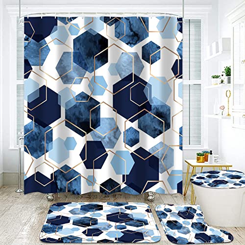 LQCOOL 4Pcs Blue Bathroom Set Geometric Shower Curtain Set Modern Art Shower Curtain for Bathroom with 12 Hooks, Bathroom Carpet Bath Mat and Toilet Rugs - color: Blue Hexagon