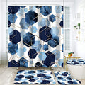 LQCOOL 4Pcs Blue Bathroom Set Geometric Shower Curtain Set Modern Art Shower Curtain for Bathroom with 12 Hooks, Bathroom Carpet Bath Mat and Toilet Rugs - color: Blue Hexagon