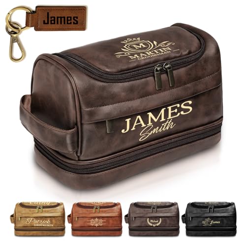 Personalized Toiletry Bag for Men, Groomsmen Gifts for Wedding, Custom Toiletry Bag Gifts for Men, Birthday, Anniversary, Dad, Husband, Boyfriend, Graduation, Leather Engraved Travel Shaving Bag - color: Dark Brown