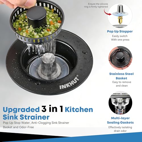 Upgraded 3 in 1 Kitchen Sink Drain Strainer - Stainless Steel Sink Stopper, Anti-Clogging Food Catcher Basket, Sink Bounce Core Drain Strainer Plug for US Standard 3 1/2 inch Drain (Black) - color: Black