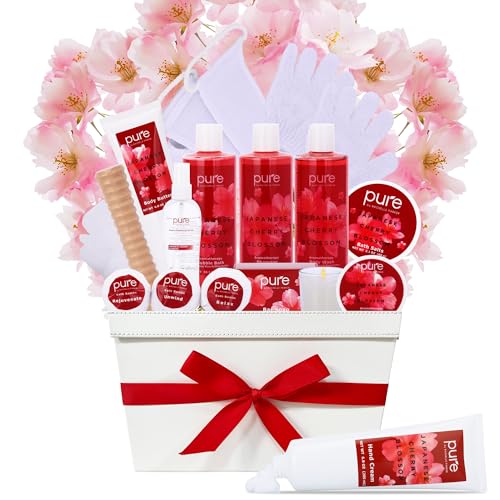 Spa Gift Basket For Women - Japanese Cherry Blossom Spa Set. Christmas Bath and Body Gift Basket for Girlfriend/Wife. Bath & Body for Holiday Gift #1 Spa Basket for Her