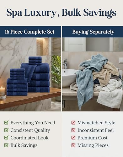 LANE LINEN Luxury Cotton Bath Towel Set - 16 Piece - Low Twist, Soft & High Absorbency - 4 Bath, 8 Wash cloths, 4 Hand Towels - Classic Hotel Quality, Durable & Ideal for Modern Bathrooms - Navy Blue - color: 06: Navy