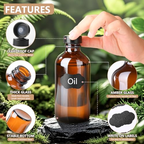 12 Pack 8 oz Amber Glass Boston Bottle With Black Poly Cap, Funnel, Chalk Labels, Pen, Dispensing Bottles for Homemade Vanilla Extract, Essential Oils, Herbal Medicine, Wedding Christmas Decor - size: 8oz 12Pack