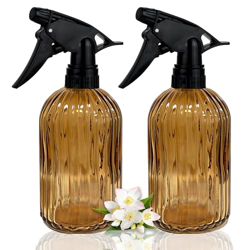 Glass Plant Spray Bottle, 13.5oz Refillable Plant Mister Bottle, 2 pcs Handheld Water Spray Bottle with Adjustable Mist Nozzle for Outdoor Gardening, Indoor Flowers, Cleaning, Hair & Pets Care (Brown) - color: Amber
