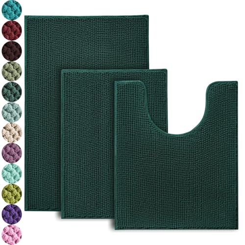 Urvoix Bathroom Rugs Sets 3 piece, Non-Slip Chenille Bath Rug - Ultra Soft, Washable, Super Absorbent Bath Mat for Bathroom, Toilet and Tub (Dark Green) - color: Dark Green
